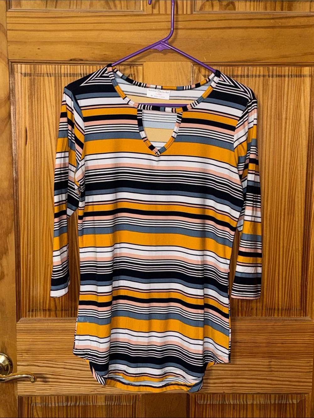 Bobbie Brooks Mustard, Black & White Striped Long Sleeve Keyhole Top